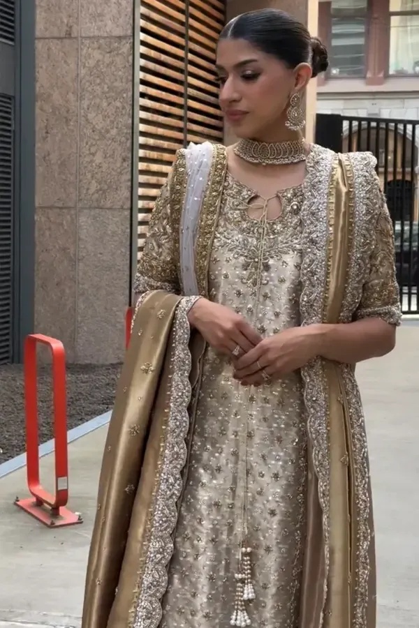 Noor- e- Haseen pakistani fashion outfit in gold, silver tones.
